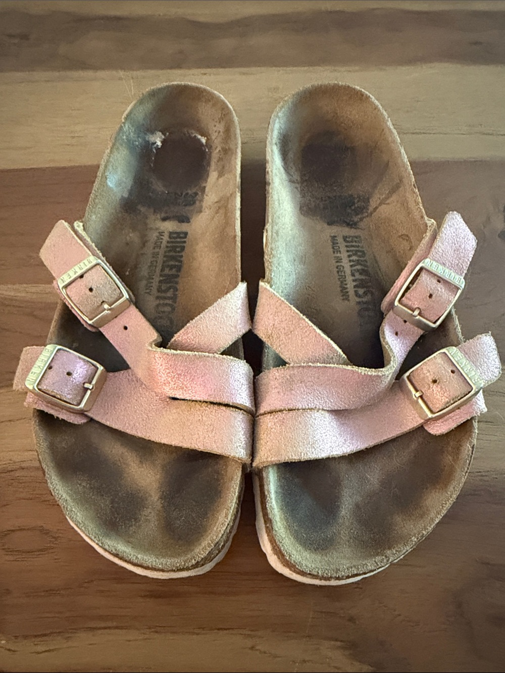 Birkenstock Yao Balance Pink Suede Double-Strap Sandals with Gold Buckles 38